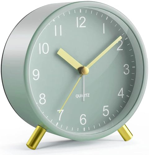 Jisile Réveil analogique silencieux - Réveil à quartz sans tic-tac avec veilleuse et support doré - Horloge de table rétro pour chambre à coucher, chambre d'enfant, personnes âgées et bureau à