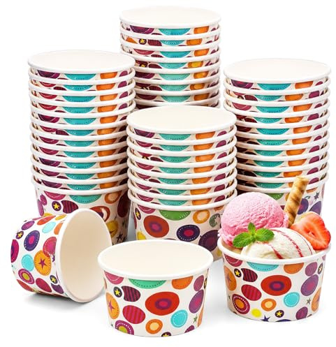 50 Pezzi Coppette Gelato Usa e Getta 165 ml, Colorati Coppe Gelato Carta con Cucchiai, Ciotole Usa e Getta per Dessert, Frozen Yogurt & Zuppa, Resistenti e Antiperdita (Motivi Circolari Colorati)