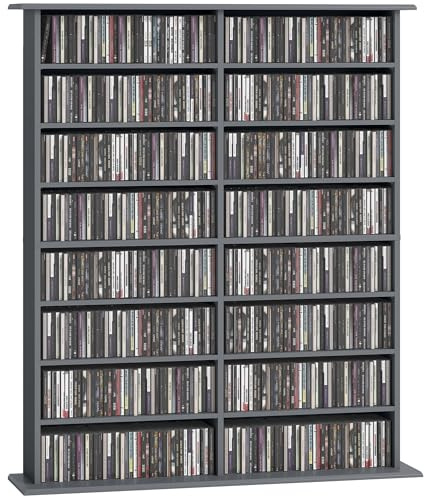 HOMCOM Rangements pour CD et DVD 106,5x24x126,3cm Gris | Meuble de Rangement Multimédia, Capacité 720 CD/396 DVD et Blu-ray, 16 compartiments, 12 Étagères Réglables, Salon, Chambre
