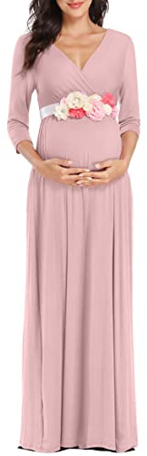 Kim S, Maxi Abito Premaman con Fascia Floreale (S-3XL), Avvolto Increspato Scollo a V, Abito per Servizio Fotografico, Baby Shower, Rosa Cipria, M