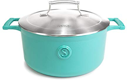 SAVEUR SELECTS Gusseiserner Kochtopf mit Edelstahldeckel, 4.7 L Volumen, Ø 25 cm, Emailliert, Spülmaschinenfest, geeignet für alle Herdarten, Backofenfest bis 260°C, induktionsgeeignet, rund, Hellblau