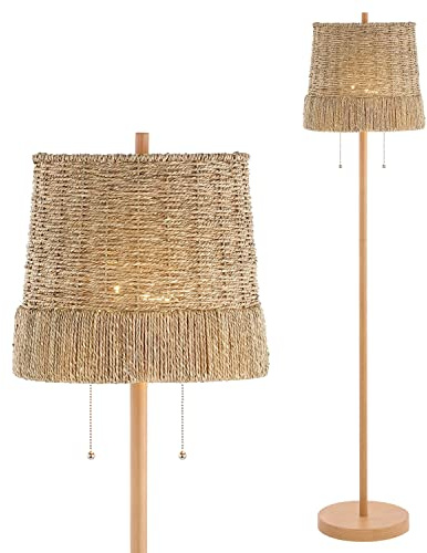 JONATHAN Y 61 Brown Wood Finish 2-Light Coastal Bohemian Iron/Rattan LED Floor Lamp, Rustic Seagrass Shade with Pull-Chains for Living Room, LED Bulbs Included JYL3091A