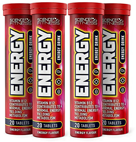 Effervescent Energy Tablets with Caffeine & Taurine by Science Fitness - for Improved Energy, Vision & Concentration - Contains Niacin, Pantothenic Acid, Vitamin B6 & B2-20 Tablets (4 Tubes)