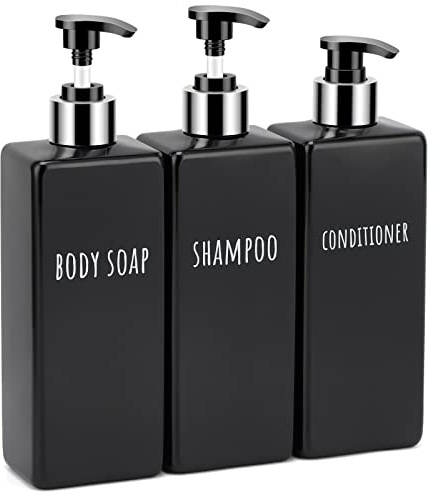 Segbeauty Shower Soap Dispenser Black，3pcs 16.9oz Empty Refillable Bathroom Press Pump Bottles，500ml Reusable Plastic Square Shampoo Conditioner Body Soap Set Modern Kitchen Home Decor (SBFBA161073)