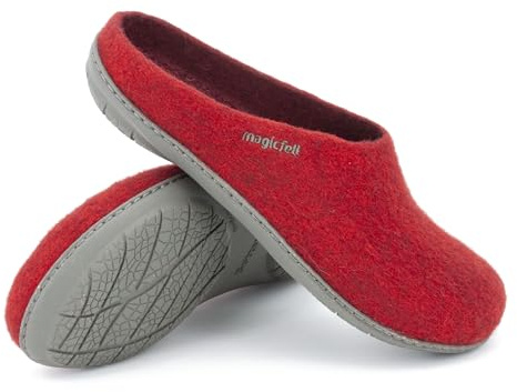Magicfelt Filttoffel PO 736 för kvinnor och män av ren merinoull – tofflor med halkfri, vattentät gummisula, Rubin, 44 EU