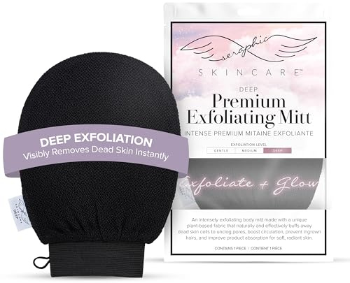 Seraphic Skincare Premium Exfoliating Glove (Deep) – Viscose Fiber Korean Exfoliating Mitt for Sensitive Skin – Body Scrubber, Dead Skin Remover for Body & Self Tanner Removal & Application