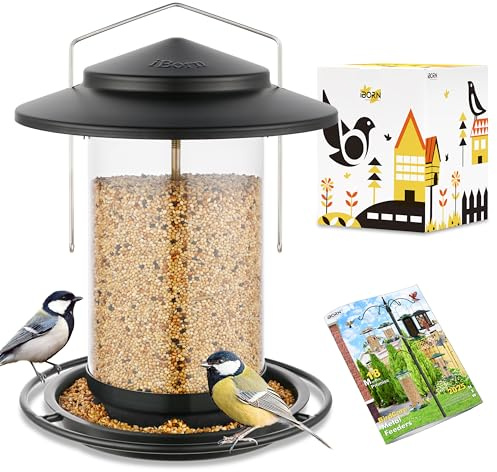 iBorn Mangeoires à oiseaux en métal à suspendre à l'extérieur, mangeoires pour oiseaux sauvages pour cardinal, grand toit et plateau de 18 cm, noir, 6 ports (les graines ne sont pas incluses)