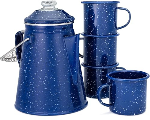 COLETTI Klassiskt emalj-kaffeset – 12 koppar perkolator och 4-pack emaljmuggar – komplett kaffe camping set för campare – camping kaffe kastrull och campingmuggar