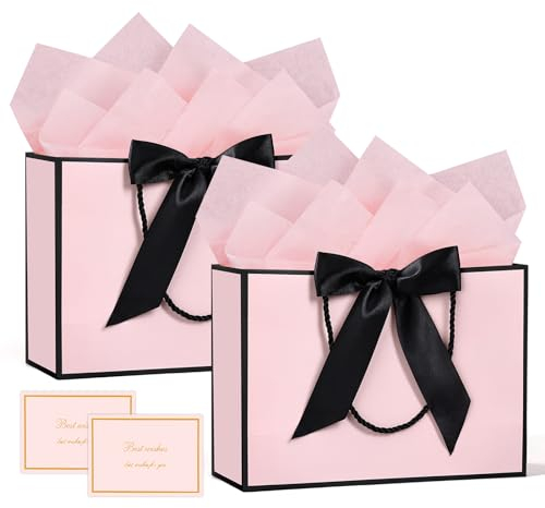 BBLIKE Geschenktüten mit Henkel - 2 Geschenktasche + 2 Grußkarten + 4 Sydney Paper, Papiertüten mit Henkel, Geschenkverpackung für Geschenk, Geburtstag, Feier, Hochzeit (Rosa Schwarzer Rand)