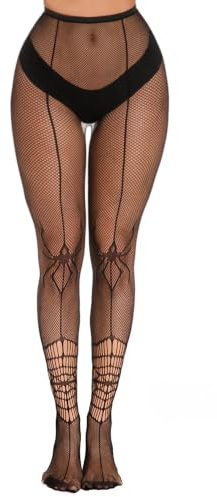 Simply Joshimo Womens Black Fishnet Patterned Halloween Tights - Various Spider Web Ghost Skull Bone & Bat Prints For Gothic Fashion