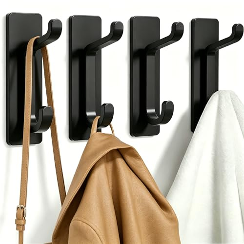 Josmimic Self Adhesive Wall Hooks for Hanging: Extra Strong 13 LB, Hook for Coat, Towel in Bathrooms, Shower, Kitchen, Wall, Door Hook, Black 4 Pack