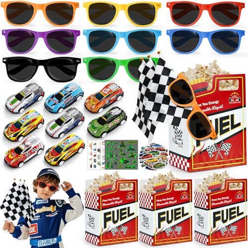 100PZ Coche Carreras Regalos Cumpleaños Infantil, Detalles para Niños Colegio, Bolsas con Gafas de Sol, Tatuajes Luminosos, Pegatinas, Juguetes Relleno Piñata 3 4 5 6 Años