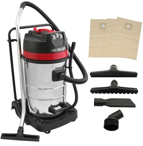 Aspiradora Industrial en Seco y Húmedo de Acero Inoxidable de 80L,4 Accesorios+3 Bolsas GRATIS Aspirador para Limpieza Comercial 3000W Motor Triple,Filtro de Tela,Manguera 1.5m,Cable 9m,con/sin Bolsa