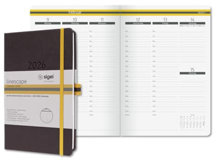 SIGEL L2607 Wochenkalender 2026 A5, vertikale Wochenansicht, Hardcover, dunkelgrau, gelb, deutsch-sprachiges Kalendarium, 176 Seiten, FSC-zertifiziert, Kalenderbuch Terminplaner Linescape