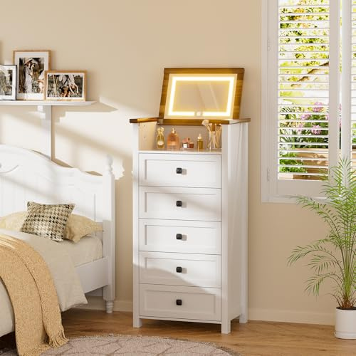 BROTTAR Kommode mit 5 Schubladen Nachttisch mit LED-Spiegel,Kommode mit Kippsicherung, geeignet für Schlafzimmer, Wohnzimmer, Flur, für Kleidung, Unterlagen und Spielzeug, 120x57x38,5 cm