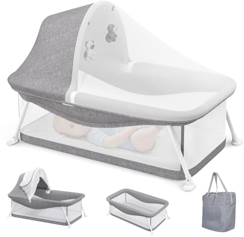 Growaystory Baby Reisebett,Geeignet für Babys von 0-5 Monaten,Portable Reisebettzelt,Klein Zusammenklappbar,Ausgestattet Moskitonetz und Spielzeug,Liegefläche 80 x 40 cm (Grau)