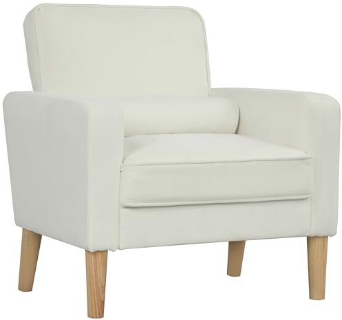 HOMCOM Sofá de 1 Plazas Tapizado en Terciopelo Sofá de Salón de 76 cm con Asiento Capitoné 1 Almohada y Patas de Madera para Espacios Pequeños Dormitorio Sala de Estar Oficina Crema