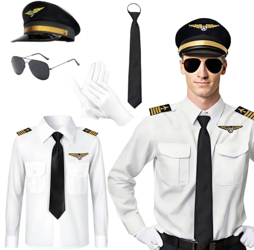 Boyigog Costume de pilote pour adulte - Uniforme de capitaine - Chemise de pilote - Accessoire avec chapeau, lunettes de soleil - Cravate - Gants - Halloween, carnaval, cosplay, capitaine, fête à