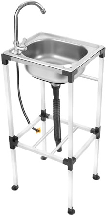 Fregadero independiente de acero inoxidable, fregadero de cocina, lavabo, lavabo con grifo, fregadero móvil de acero inoxidable con dispositivo de drenaje para cocina, restaurante, garaje, 42 x 37 x