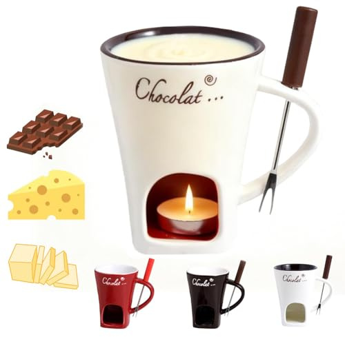 Chocolate Fondue Mug, Chocolate Melting Cup with Forks, Melting Butter Mug Pot Set, Personal Cheese Melting Cup, Warmer Mug for Candy Snack Caramel Party (Beige)