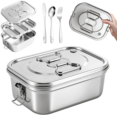 4 cajas bento de acero 304, fiambrera de 1800 ml, acero inoxidable, recipientes para alimentos de acero inoxidable, fiambrera bento de metal con cuchara, tenedor, fiambrera para adultos para sopa
