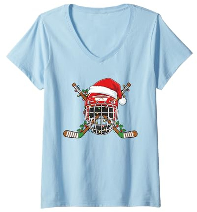 Donna Casco da Hockey su Ghiaccio di Babbo Natale, per Uomini, Ragazzi, Ragazzi e Adolescenti Maglietta con Collo a V