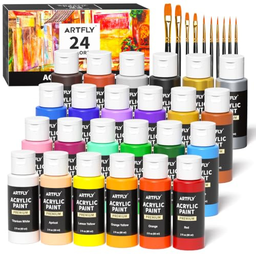 ARTFLY Acrylfarben Set, 24 Farben (2oz/60ml), 10 Pinseln, ungiftig, Acryl Farben wasserfest Reiche Pigmente für Künstler, Student, Erwachsene auf Steine, Leinwand, Holz, Ton, Keramik, Kunsthandwerk