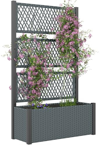 Outsunny Jardinera con Enrejado de Ratán, Jardinera Exterior Grande para Plantas Trepadoras, Maceta con Forro, para Jardín, Patio, Terraza, 90x35x148 cm, Gris Oscuro