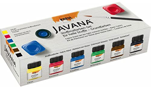KREUL 90600 - Javana Stoffmalfarbe für helle Stoffe, Grundfarbenset, 6 x 20 ml Farbe und ein Pinsel, brillante Farbe mit cremigem Charakter, nach Fixierung waschbeständig