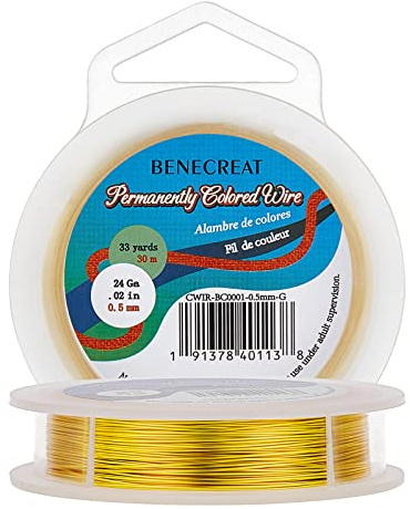 BENECREAT 0.5mm Real Gold Plated Jewellery Making Copper Wire, 30m Tarnish Resistant Copper Wire Beading Craft Wire for Jewelry Making Supplies and Crafting, Gold