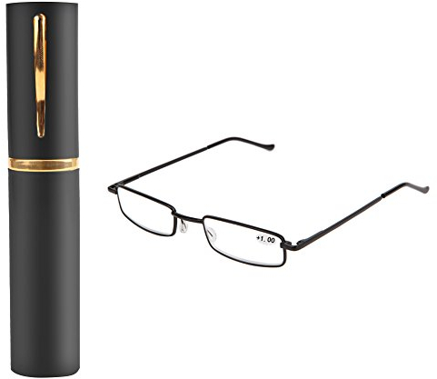 Cold Toy Federscharnier Lesebrille Damen Herren Metall Schmal Klein Mini Leicht Lesehilfe Sehhilfe Klare Arbeit Brillen Stärke mit Etui (Schwarz, 1.50)