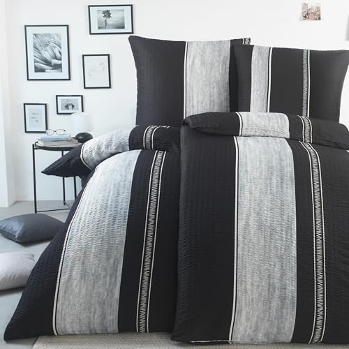BaSaTex Microfaser Seersucker Bettwäsche Bettgarnitur Bernhard Silber/Schwarz bügelfrei in 3 Größen 155x220 cm 80x80 cm
