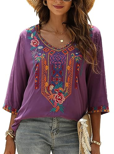 Grosy Bohemian Embroidered Tops for Women, Hippie Clothes, Mexican Peasant Blouses, Traditional Boho Clothing Tunic Shirts (X-Large, Purple)