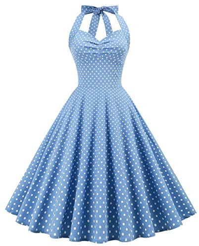 Robe de Cocktail Vintage années 50 - À Pois - Style Rockabilly Audrey Hepburn - pour Femme, Bleu-rétro, Taille M