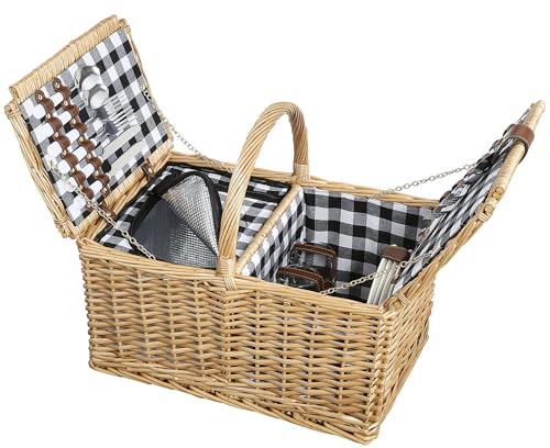 cilio Picknick-Korb Lugano, Für 4 Personen, Geflochtener Korb mit Deckel, Picknickkorb mit Kühlfach inklusive Teller Set, Besteck und Gläsern, Weidenkorb mit Henkel, Hellbraun