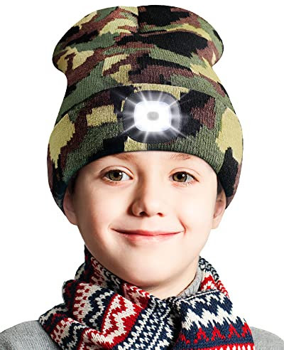 Deilin Mütze mit Led Licht Kinder, USB Wiederaufladbare Strickmütze mit 4 LED Licht Unisex Winter Wärmer Beleuchtete Mütze mit Taschenlampe Geschenke für Jungen und Mädchen, Tarngrün