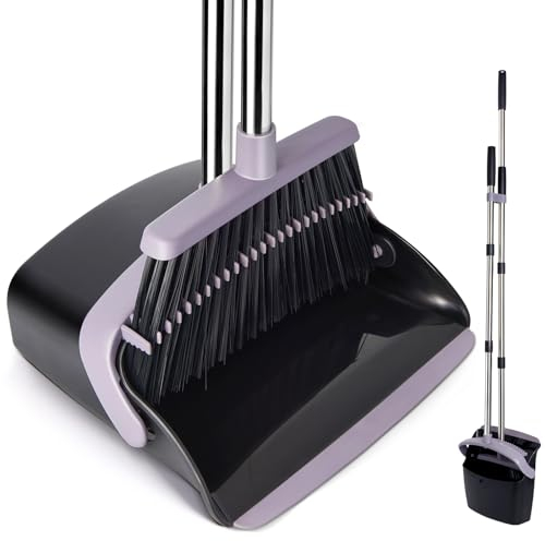 XXFLOWER Dustpan and Brush Sets, Long Handled Dustpan and Brush set with Comb Teeth, Large Capacity, Upright Sweeping Brush Set for Indoor Kitchen Lobby Office Sweeping Pet Dog Hair (Black)