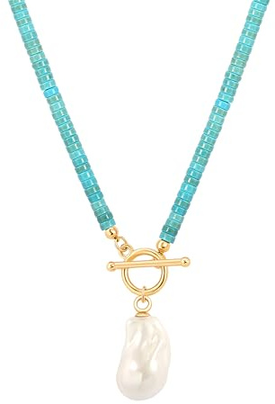 Aobei Pearl Bohemian Simulated Turquoise Choker Big Baroque Shell Pearl Pendant Necklace Trendy 18K Gold Toggle Lariat Y Necklace for Women 17”