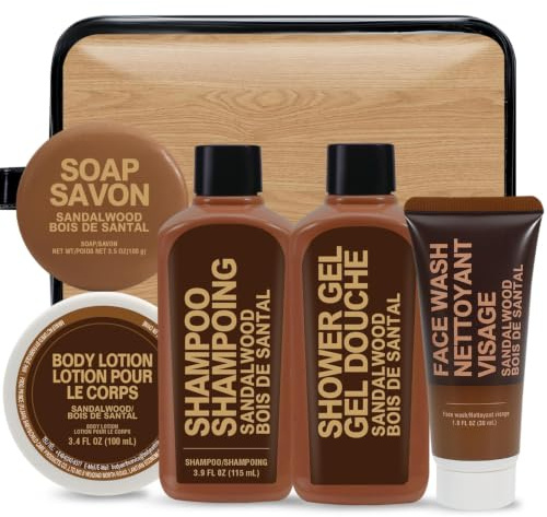BODY & EARTH Sandelträ vårdset män – 6-delat badset med parfym, schampo, duschgel, kroppslotion, tvål och en, förvaringsväska, present till födelsedag, alla hjärtans dag