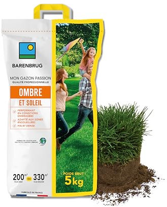 BARENBRUG - Gazon Ombre et Soleil - Performant en Conditions Ombragées - Adapté aux Zones Ensoleillées - Fin et Dense - Pour Végétaliser des Petits Jardins Urbains - Fabriqué en France - 5KG