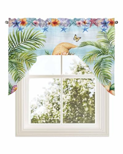 Chucoco Summer Coastal Dwarf Palm Tree Swag Curtain Valance for Farmhouse Kitchen, Blue Ocean Starfish Short Swag Topper 56 Wx36 L Window Curtain Rod Pocket Valances 1 Panel for Bedroom Decor
