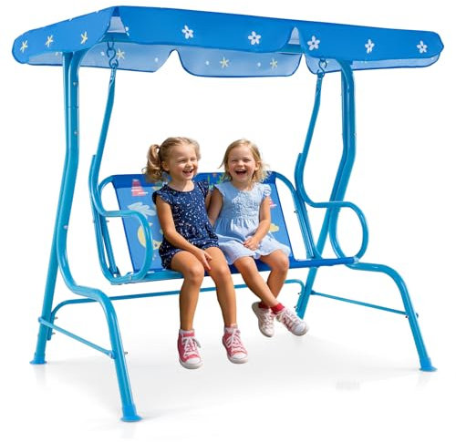 COSTWAY Hollywoodgunga för barn, 2-sitsig barngunga med justerbart soltak och metallram, trädgårdsgunga med säkerhetsremmar, gungbänk, trädgårdsbänk för barn (blå)