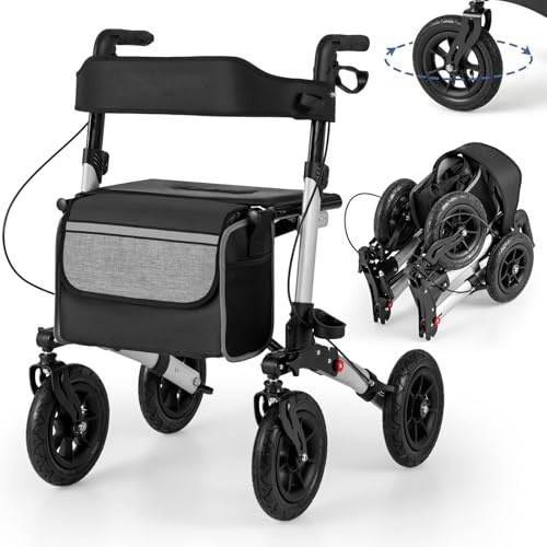 RELAX4LIFE Déambulateur 4 Roues Pliable Léger | Rollator 4 Roues Tout Terrain | Assise & Dossier Rembourrés | Panier | Hauteur Réglable | Déambulateur Pliable Portable pour Personnes Âgées (Argenté)