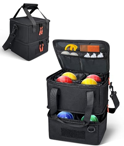 ZOMICE Bocce Ball Carry Bag Holds up to 8 Balls, Double-layer Bocce Ball Storage Case with Dual Zippers, Shoulder Strap, Inner Pockets, Portable Travel Tote for Outdoor Play (Bag Only)