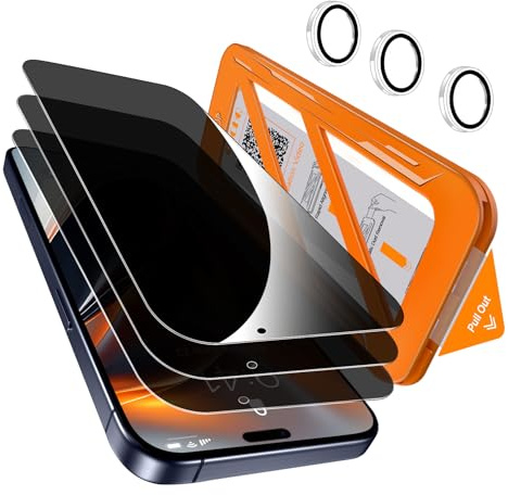 QHOHQ 3 Piezas Protector Pantalla Privacidad para iPhone 17 Pro + 1 Juego Protector Camara, 25° Cristal Templado Antiespia, [12 Pies Militar Anti-Impactos], Auto-Instalación 1s, Funda Compatible