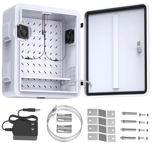 Akwscyby Outdoor Electrical Box with Thermostat and Fan, Precise Temperature Control 0.1°F, IP65 Water Resistant Rating, Galvanized Steel, Aluminum Rear Beam(24 x 19.7 x 9.8)