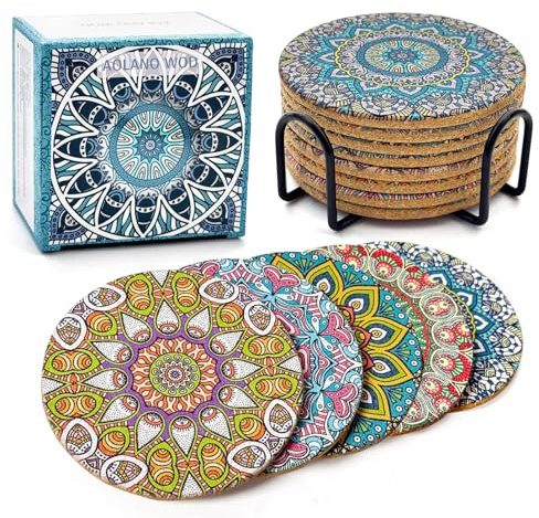 AOLANO WOD Cork Coasters, 8 Pcs Mandala Coasters with Stand, Circular absorbent mat Cork Mats for hot and cold beverages, Protect your desk from water stains and damage Exquisite decoration