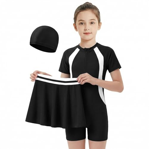 Baogaier Bañador de Una Pieza con Falda y Gorro 3in1 para Niñas 4-12 años | Traje de baño 3in1, Bañador Infantil, con Cremallera, Manga Corta, Ropa para Natación Vacaciones Piscina Playa, Secado Rápido