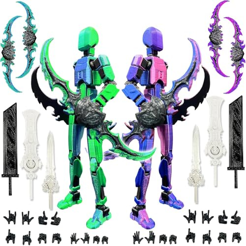2 stycken T13 actionfigurset (färdigmonterad), 3D-tryckt flerledad, Titan 13 actionfigurer, Lucky 13 robot-actionfigur dummy, skrivbordsdekorationer för spelälskare, grön, blå, lila