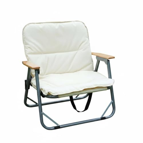 MERIGLARE Double Seat Sofa Banc de Camping Canapé Pliant Fauteuil Double avec Dossier de Soutien Accoudoirs Bois Structure Acier Carbone Toile Oxford Pliage, Beige, Coussin Simple W